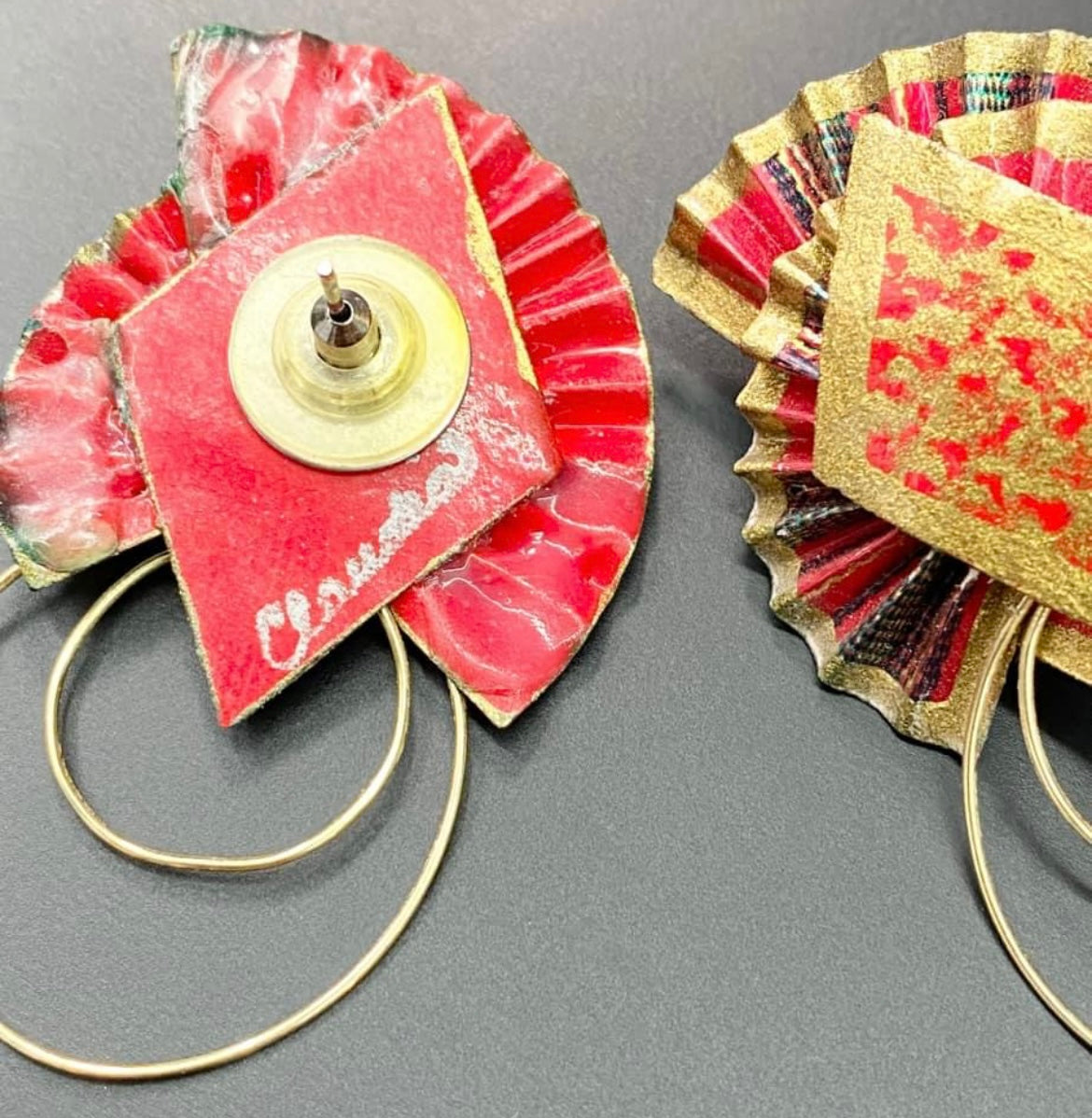 Signed Cludia Paper Fan Earrings