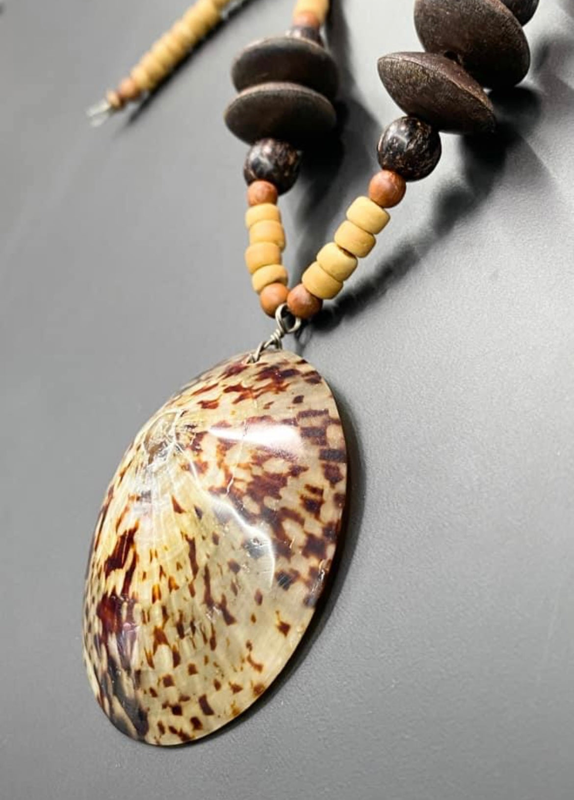 Limpet Shell & Wood Necklace Sterling Clasp