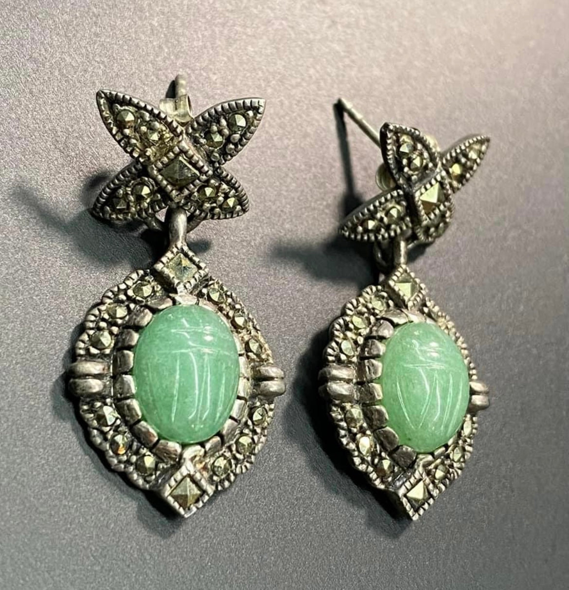 Sterling Silver Scarab Carved Earrings