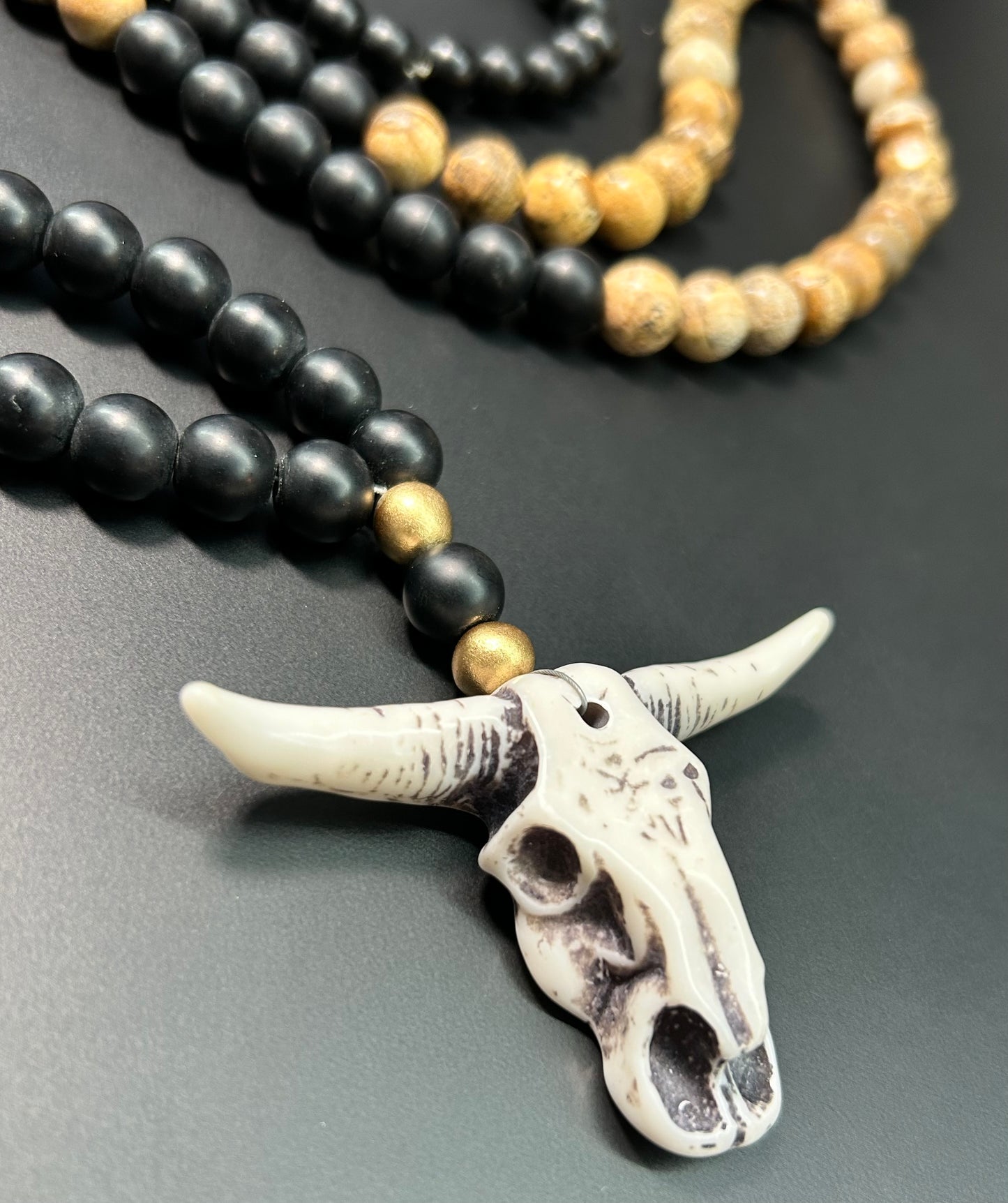 Jasper & Onyx Cow Skull Necklace & Bracelet