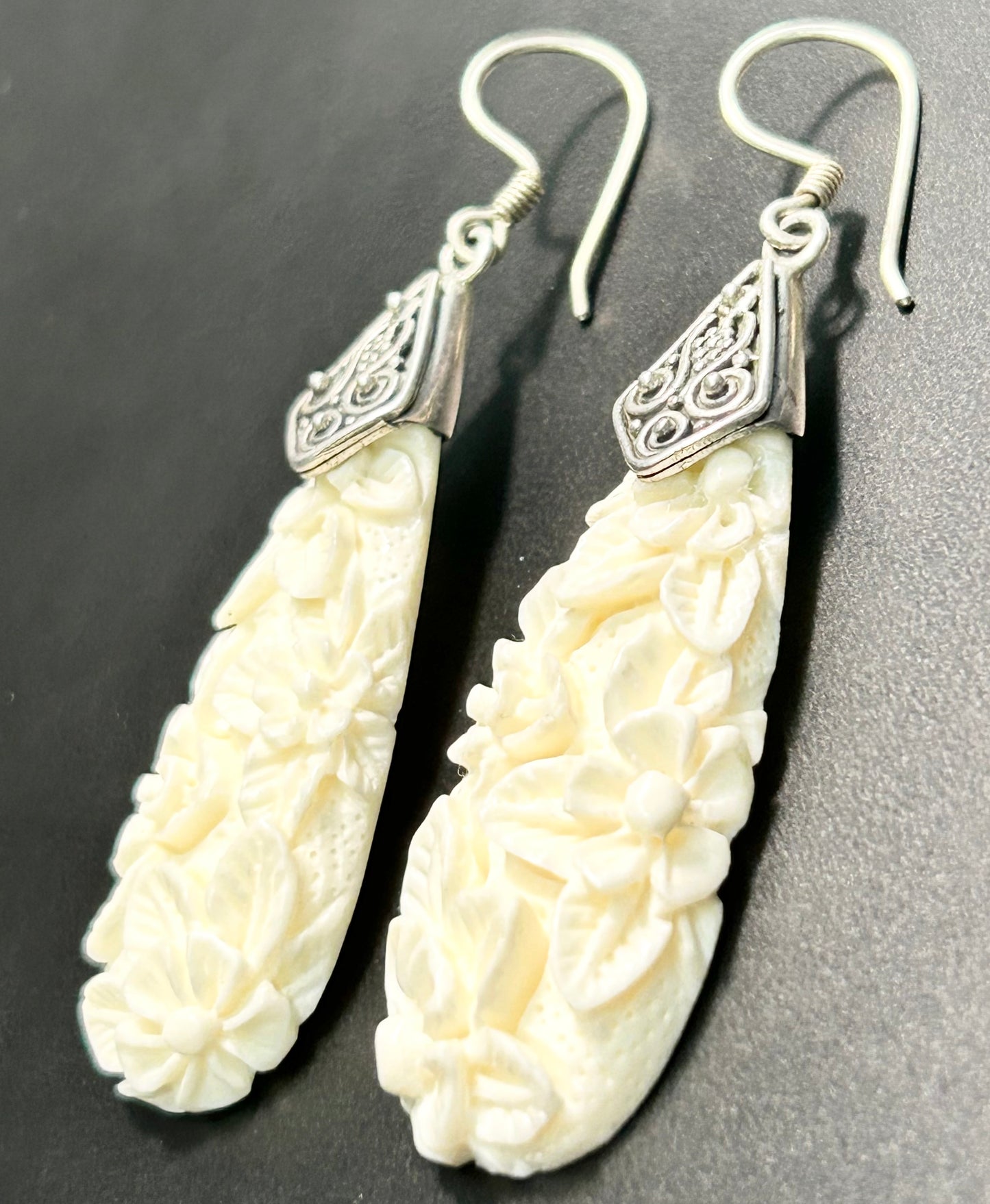 Sterling Silver Carved Bone Earrings