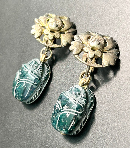 Sterling Silver Scarab Clip Earrings