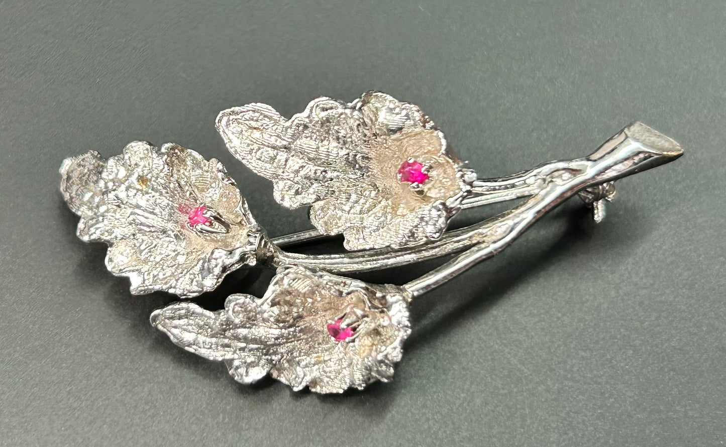 835 Silver Ruby Leaf Brooch