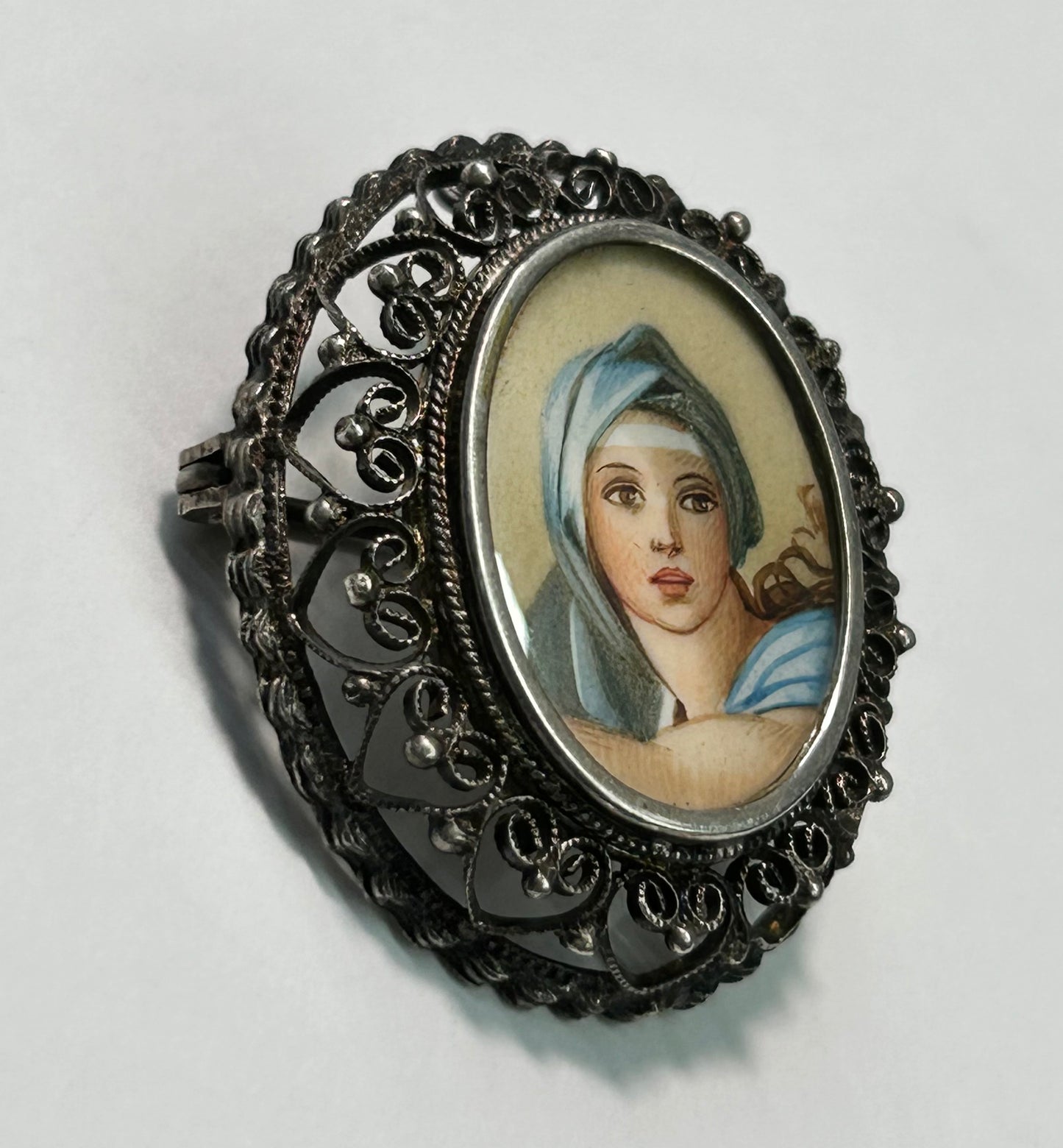 800 Silver Hand Painted Brooch