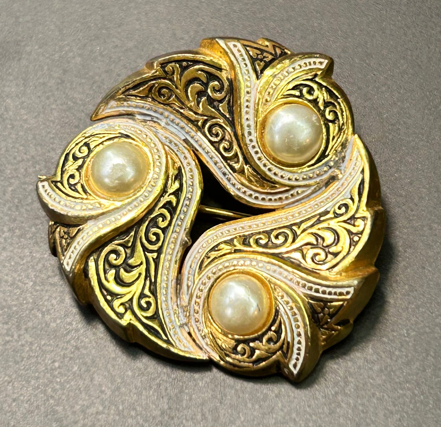 Damascene Faux Pearl Brooch