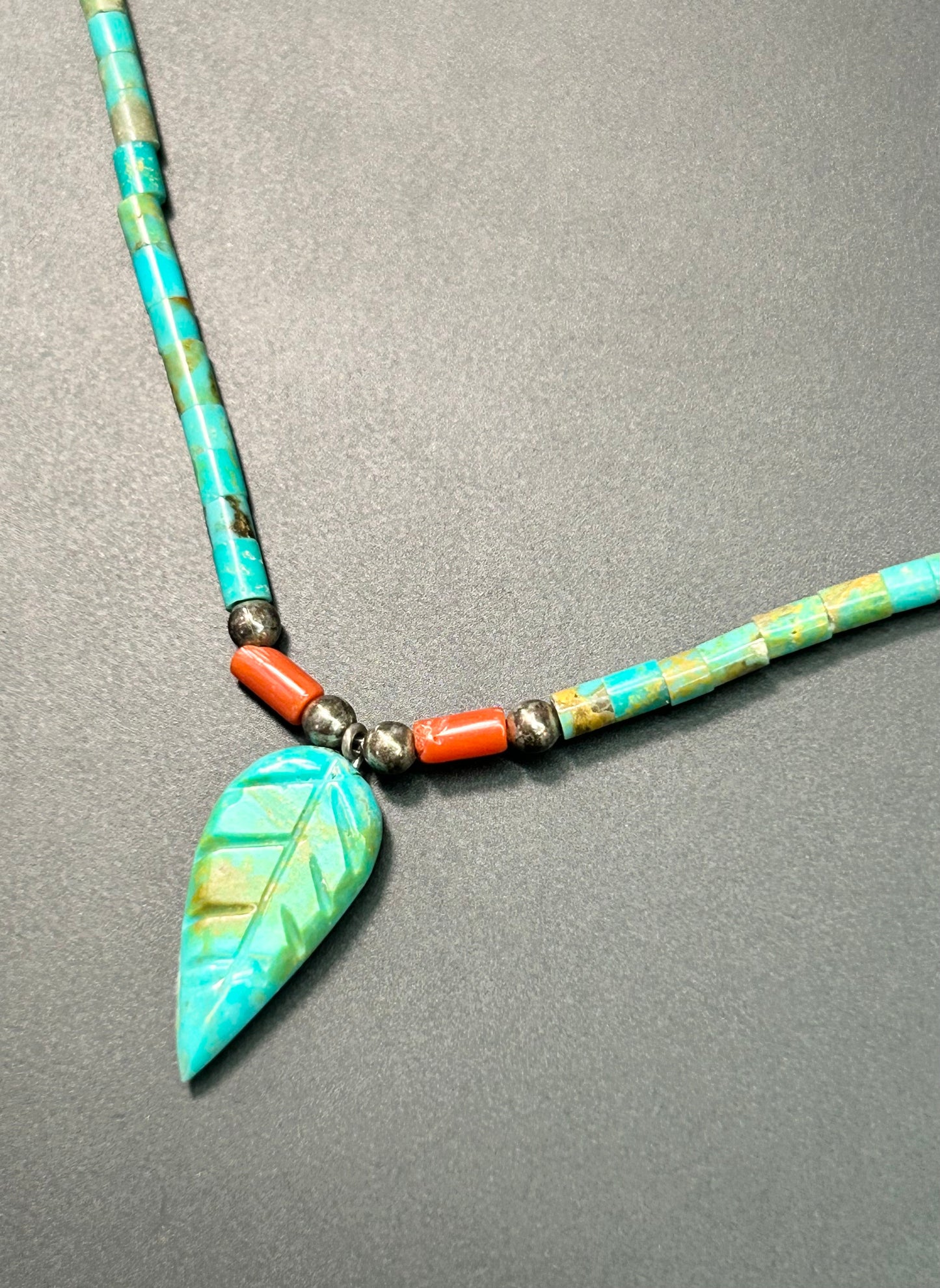 Carved Leaf Turquoise Sterling Silver Heishi Necklace