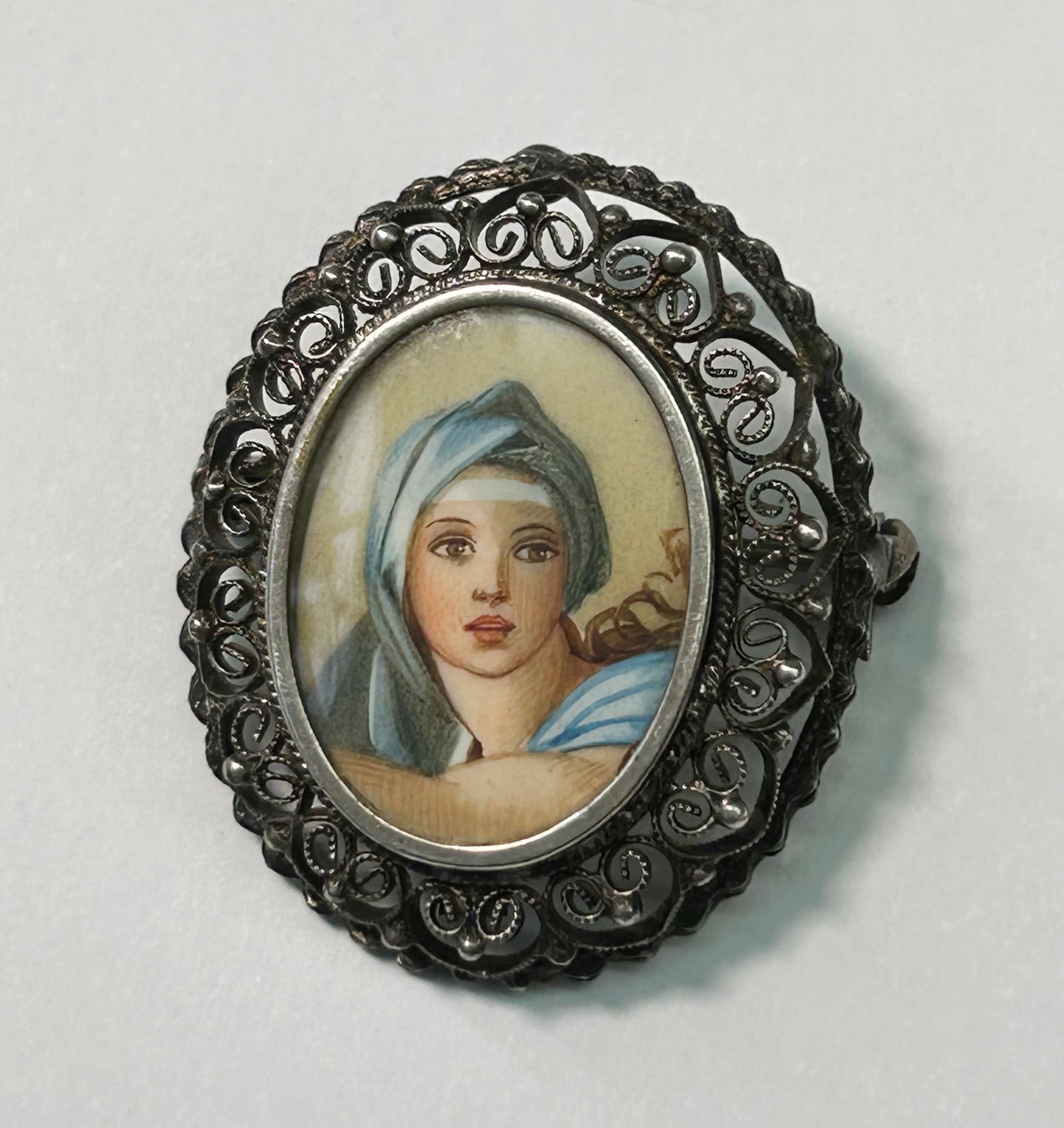 800 Silver Hand Painted Brooch