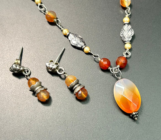 Sterling Silver Carnelian Earrings & Necklace Set