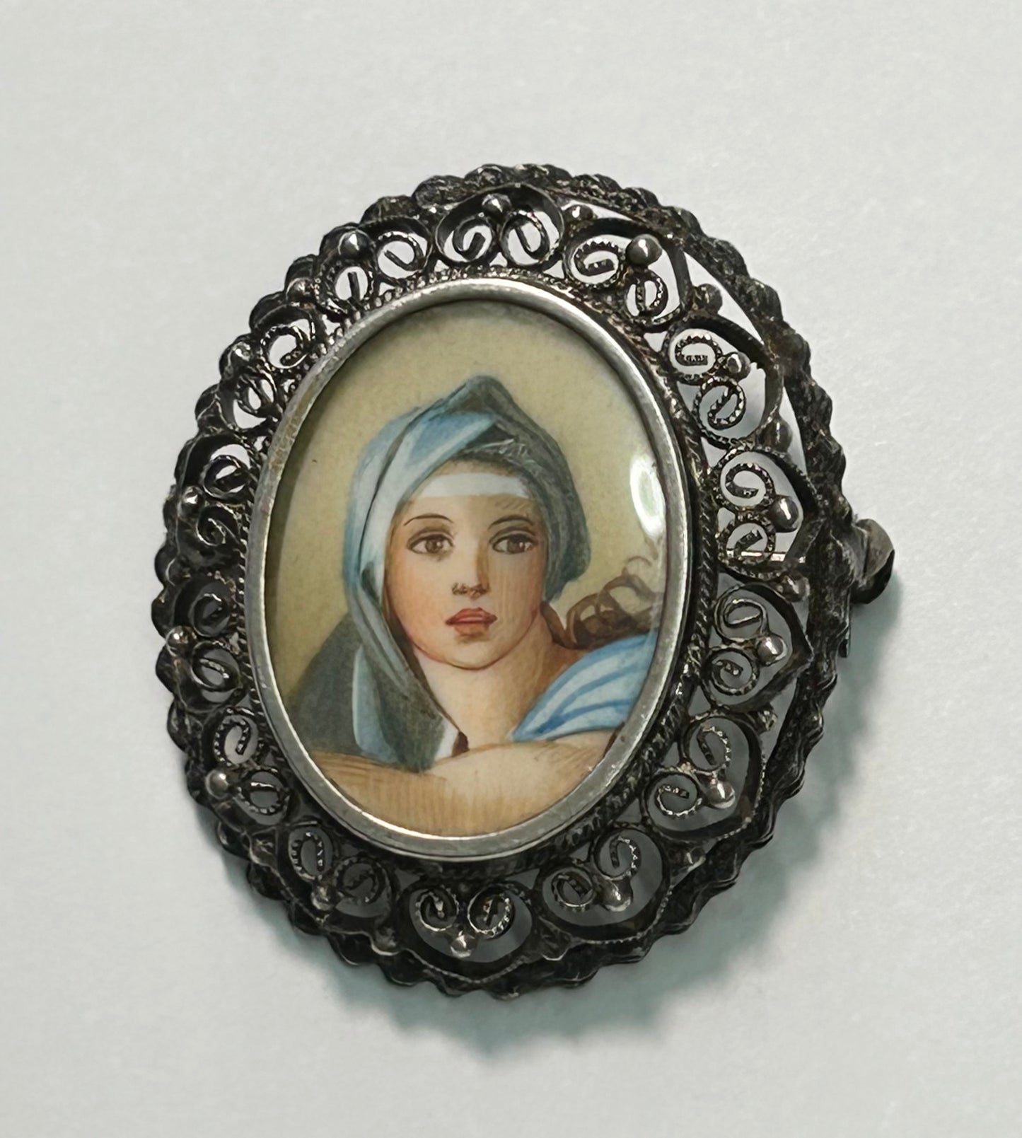 800 Silver Hand Painted Brooch