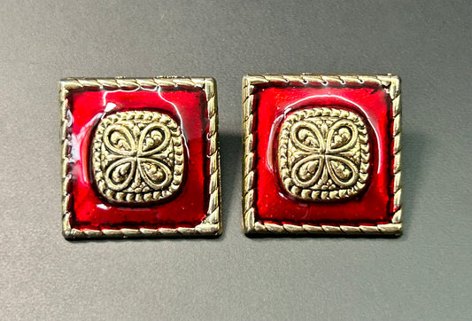 Gold Tone & Red Enamel Earrings