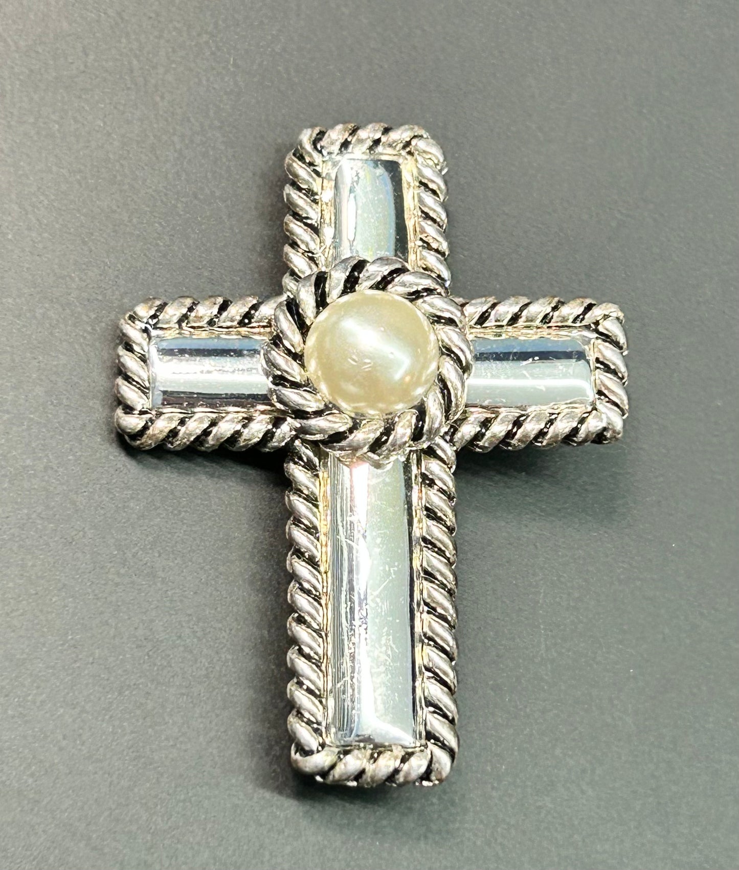 Faux Pearl Cross Brooch