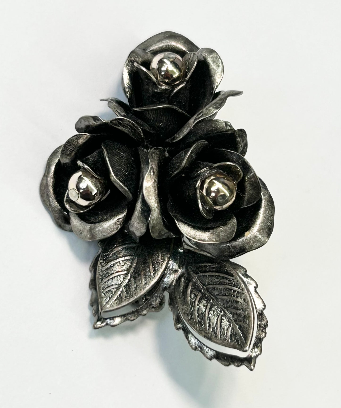 Gunmetal Tone Rose Brooch