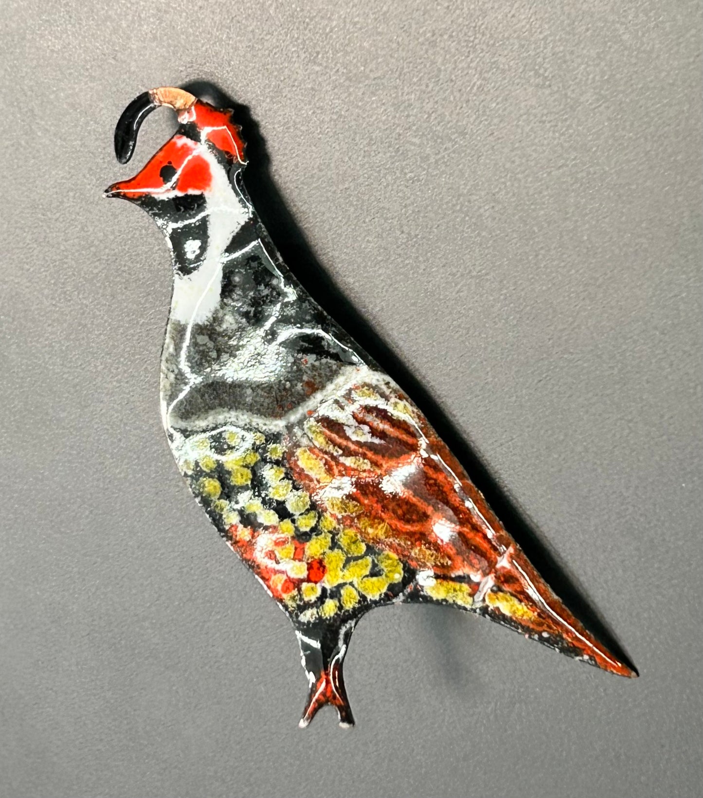 Enamel Copper Quail Brooch