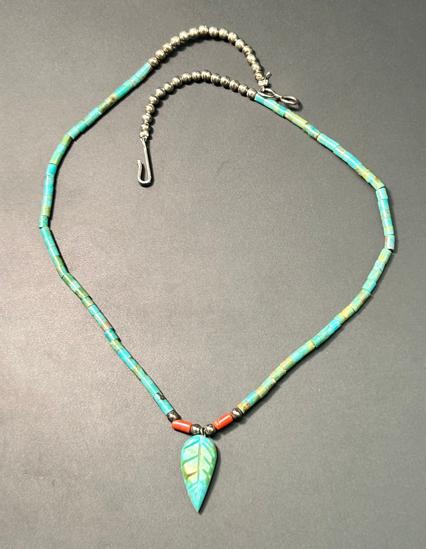 Carved Leaf Turquoise Sterling Silver Heishi Necklace