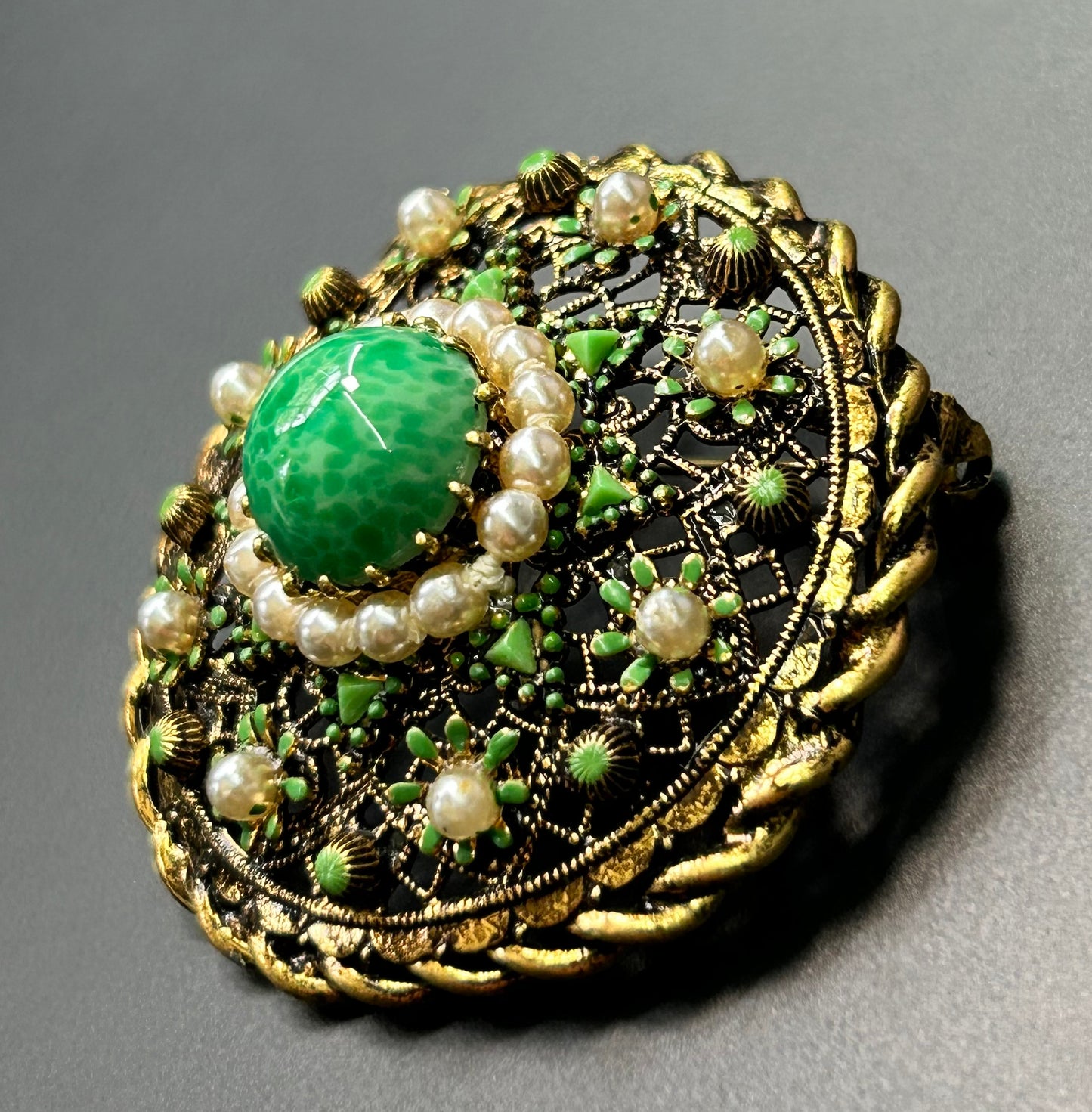 Vintage Green Glass Brooch