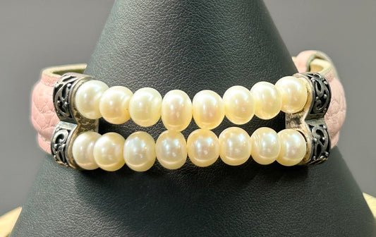 Sterling Silver Pearl & Leather Bracelet