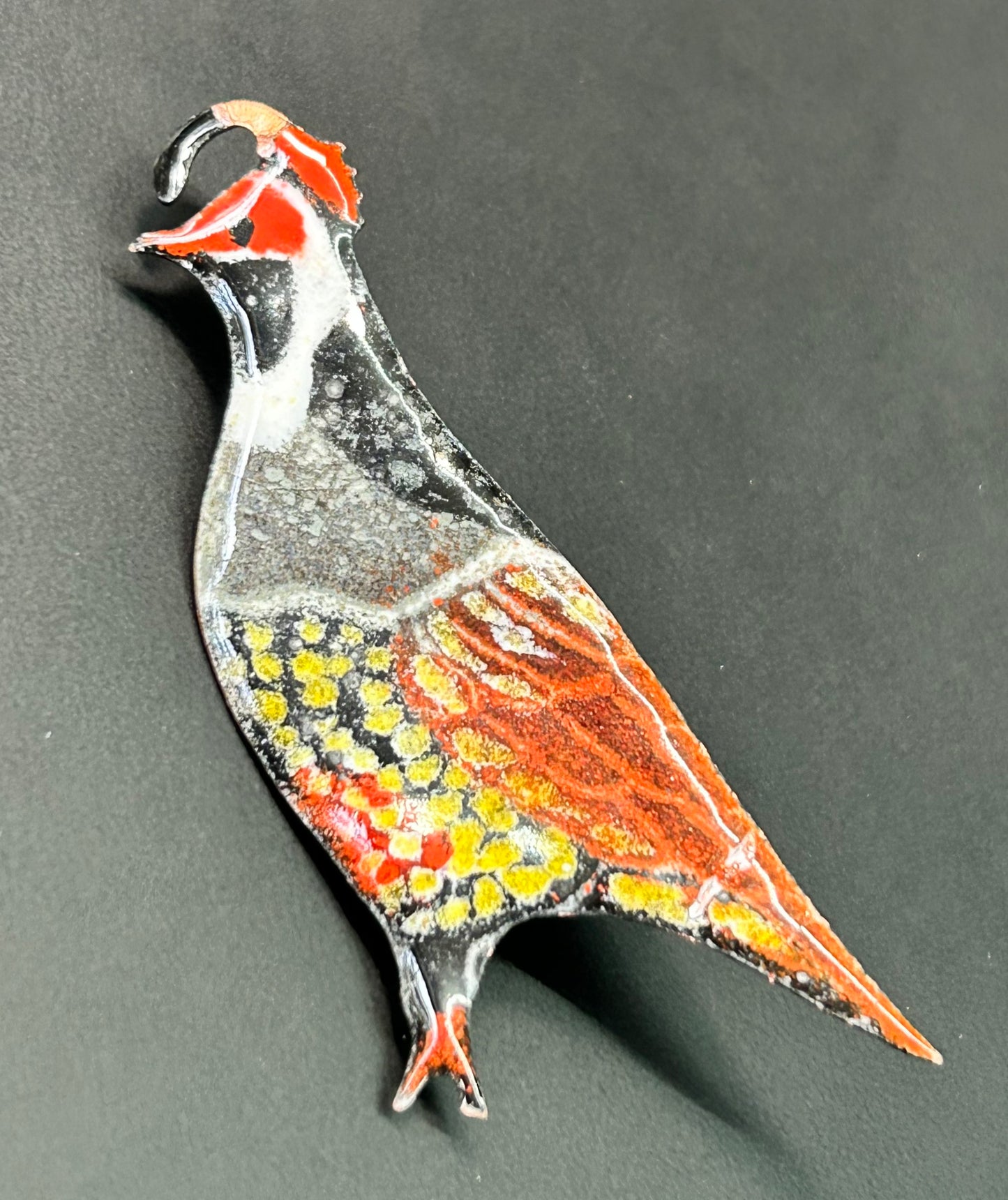 Enamel Copper Quail Brooch