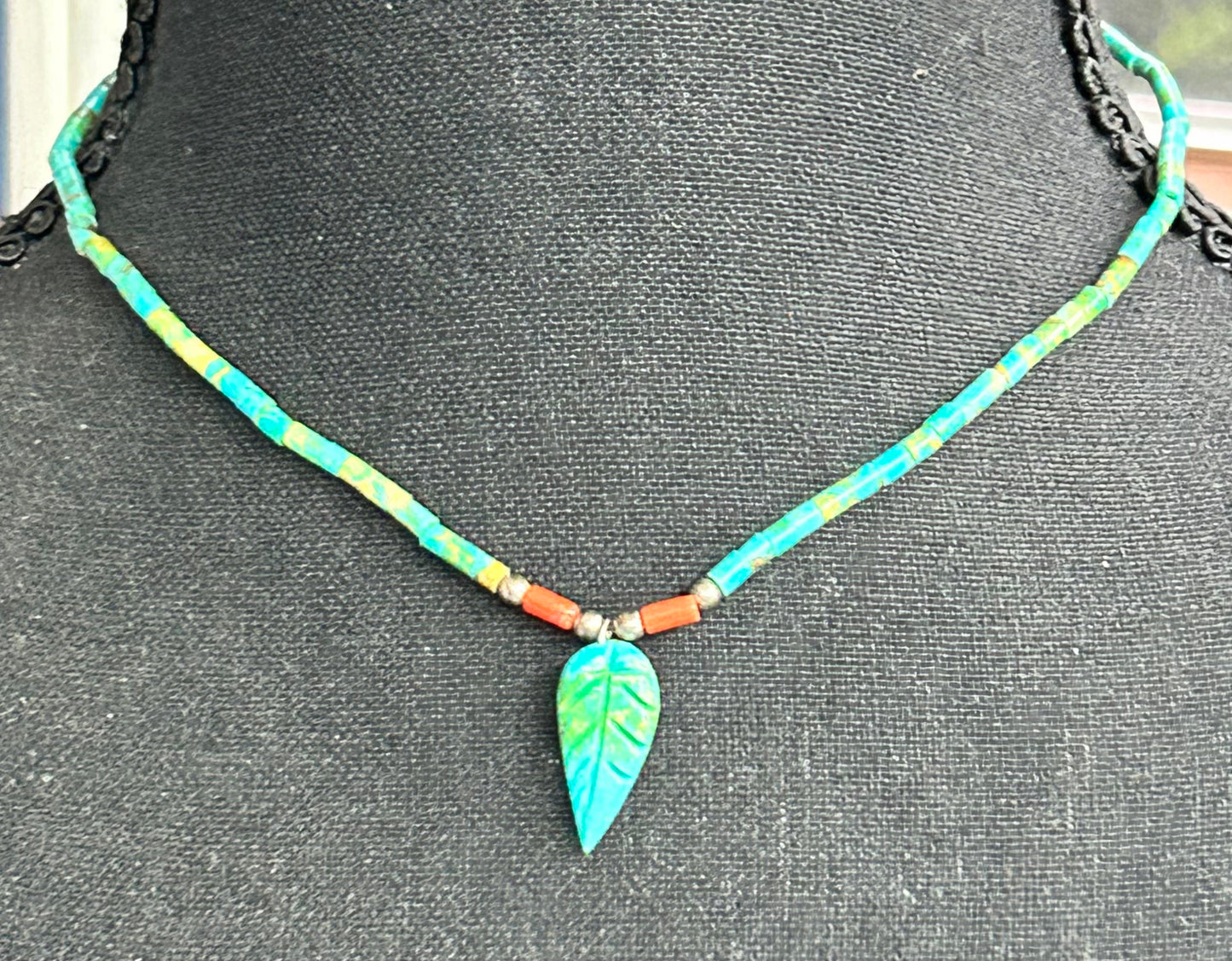 Carved Leaf Turquoise Sterling Silver Heishi Necklace