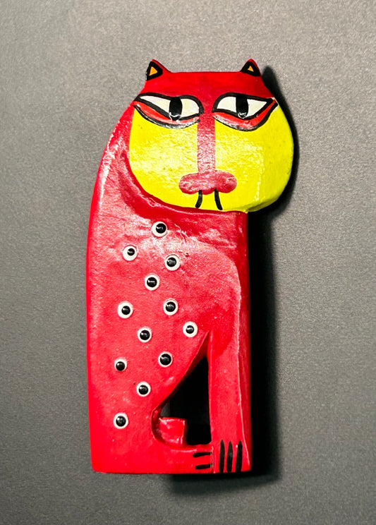 Painted Wood Cat Brooch