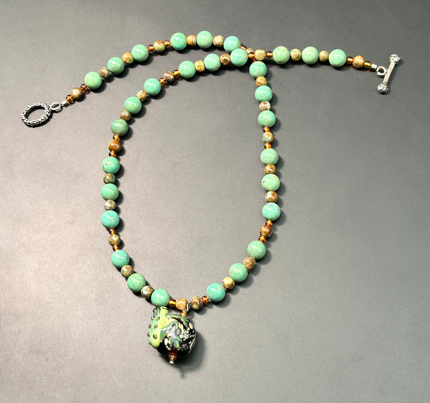 Lampwork Frog Bead Turquoise Sterling Silver Toggle Necklace