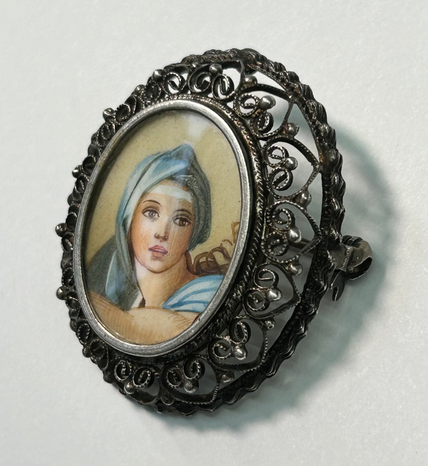 800 Silver Hand Painted Brooch