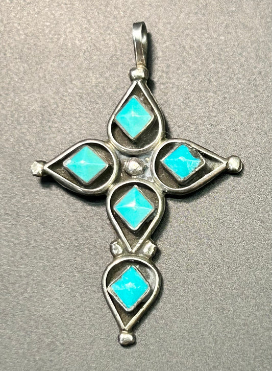 Native American Sterling Silver Turquoise Cross Pendant