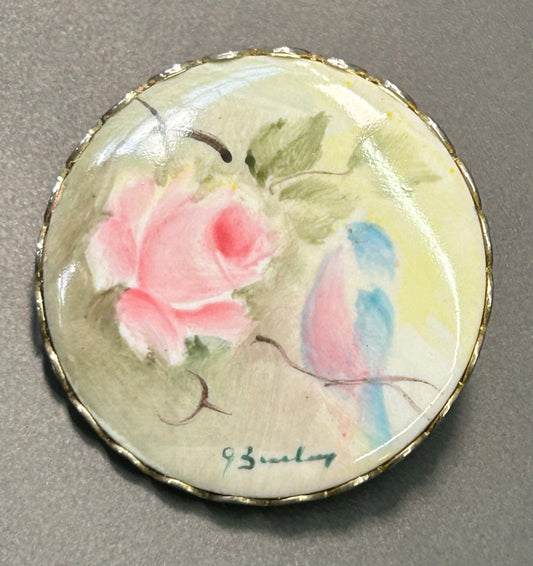 Signed Painted Bird Porcelain Brooch