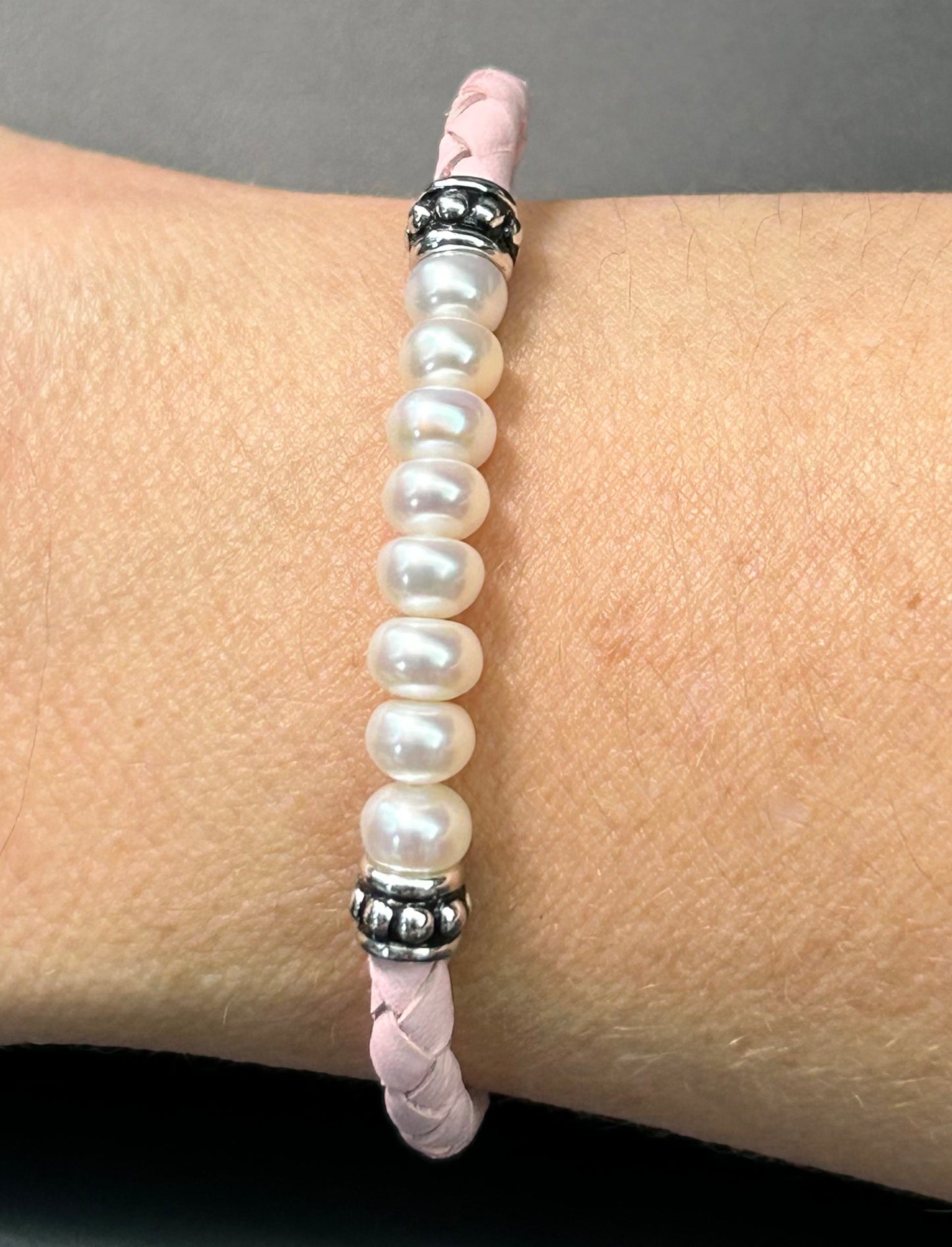 Sterling Silver Pearl & Leather Bracelet