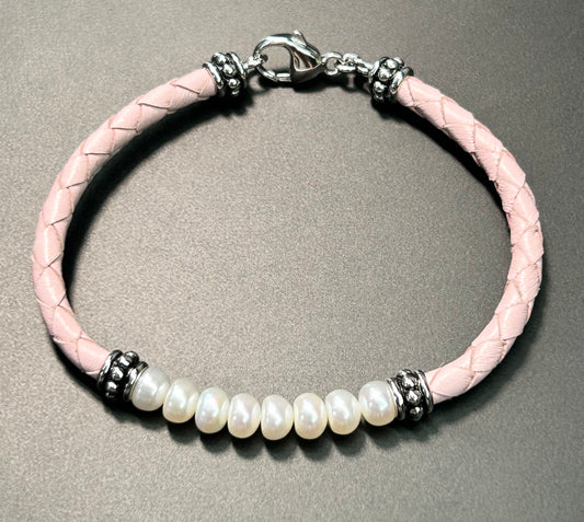 Sterling Silver Pearl & Leather Bracelet