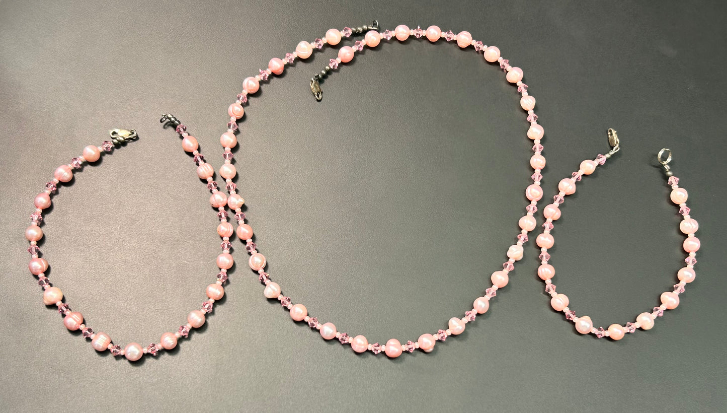 Sterling Silver Pink Pearl Necklace Bracelet & Anklet Set