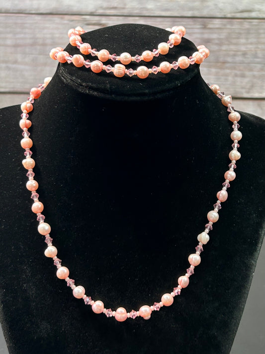 Sterling Silver Pink Pearl Necklace Bracelet & Anklet Set