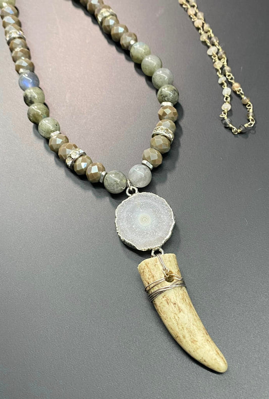 Antler & Druzy Quartz Pendant Glass Bead Necklace