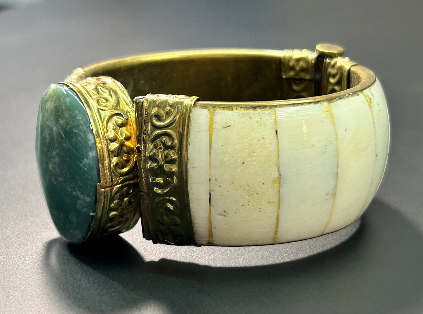 Chunky Brass Bone & Stone Hinge Bracelet