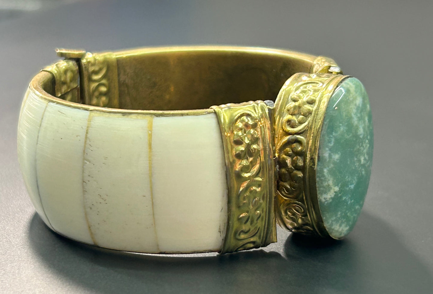Chunky Brass Bone & Stone Hinge Bracelet