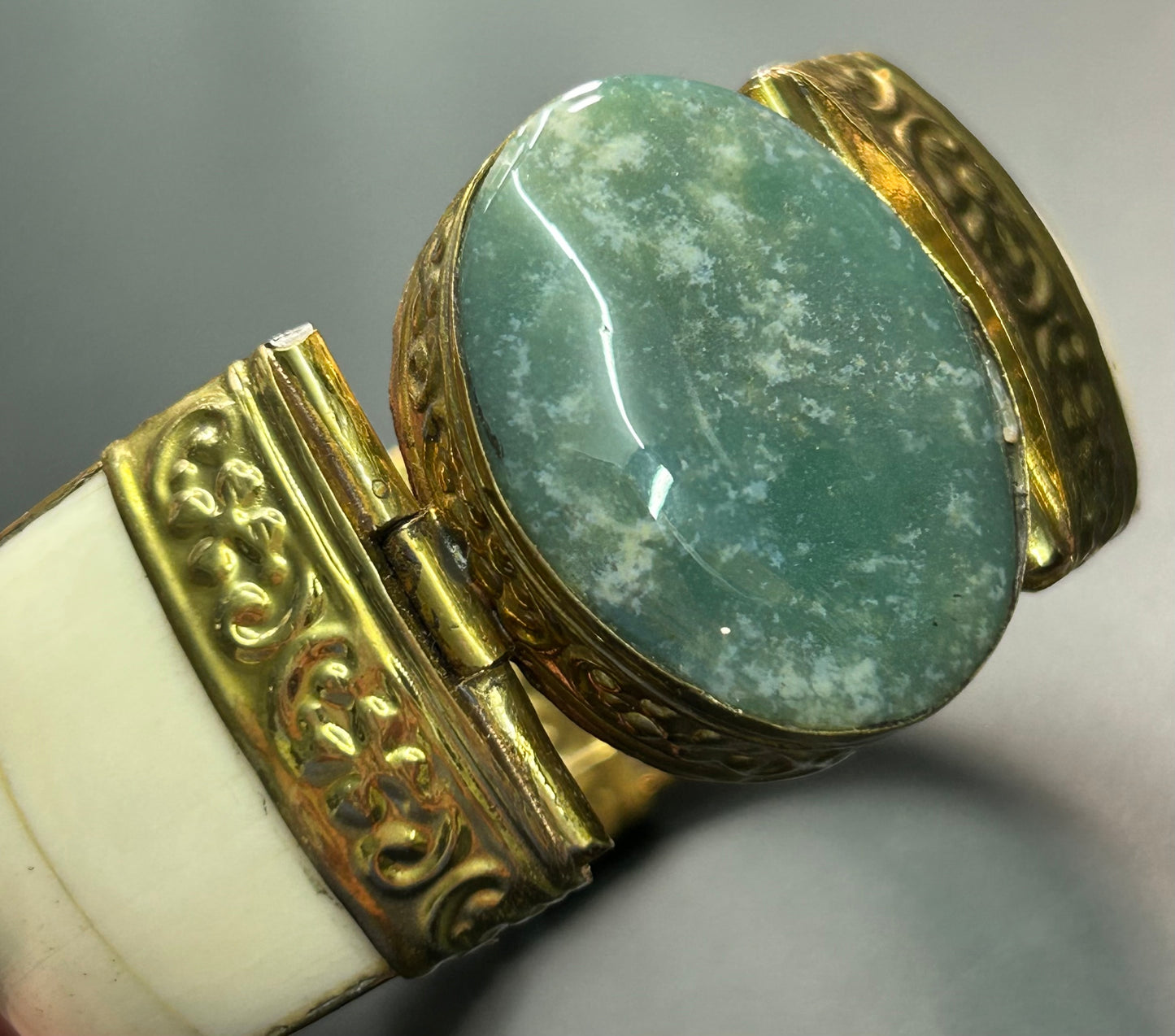 Chunky Brass Bone & Stone Hinge Bracelet