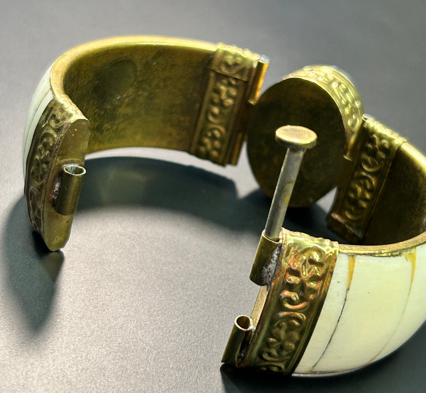 Chunky Brass Bone & Stone Hinge Bracelet